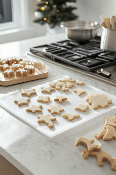 Show cookie cutters being pressed into the chilled dough to create festive shapes. The cut-out cookies are arranged on a parchment-lined baking sheet, with scraps of dough neatly set aside for rerolling