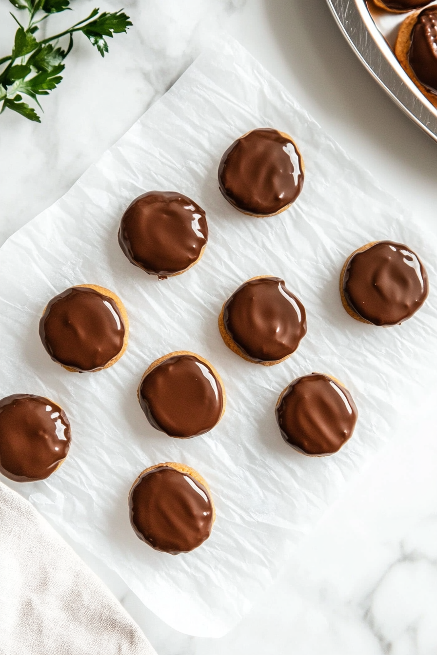 A countertop covered with waxed paper features teaspoonfuls of cookie mixture dropped into neat piles. A spoon and a small bowl of batter are nearby, showing the process of shaping the cookies.