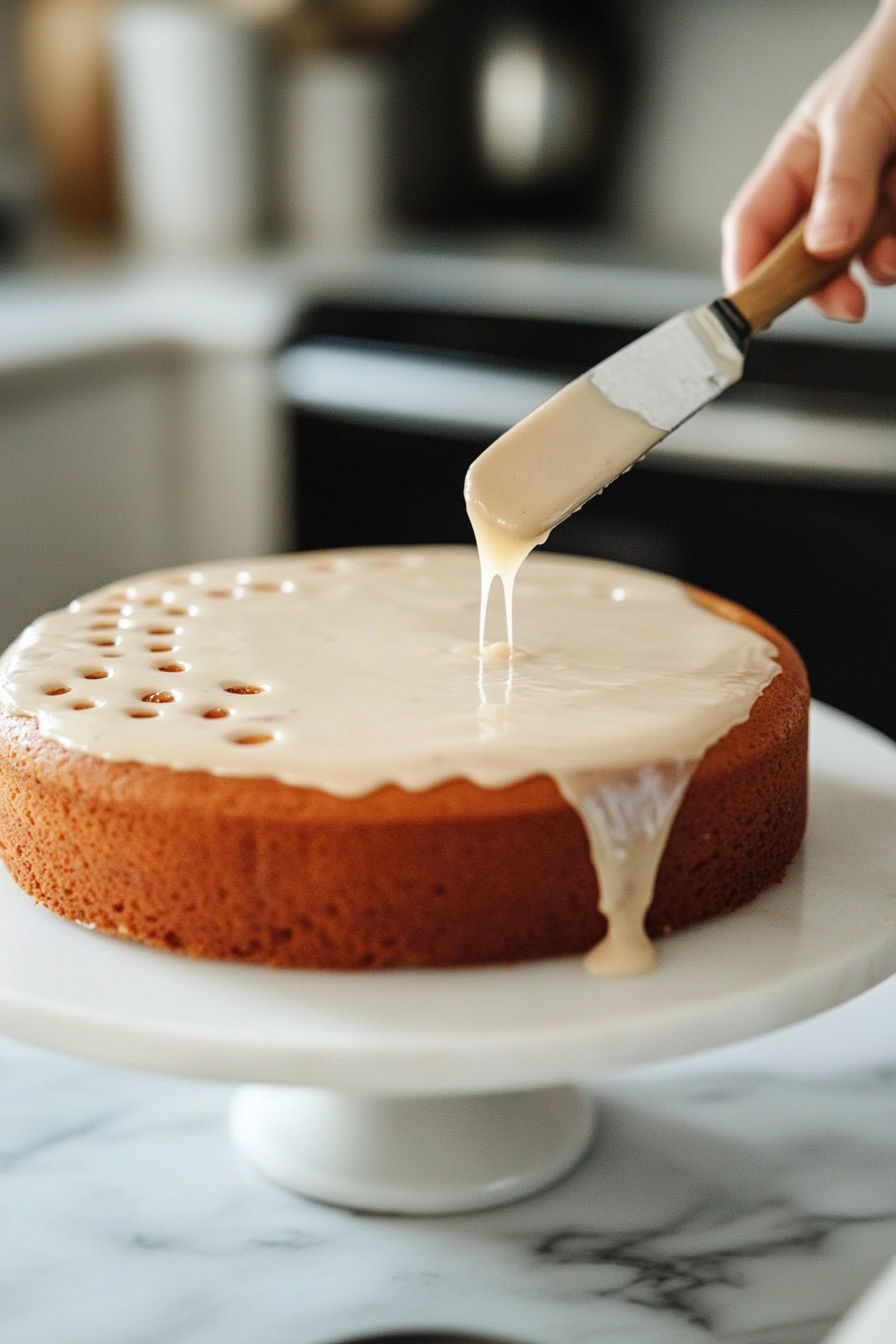 The freshly baked cake on the white marble cooktop with holes poked into it using a butter knife. The smooth glaze is being poured over the top, spreading evenly across the cake