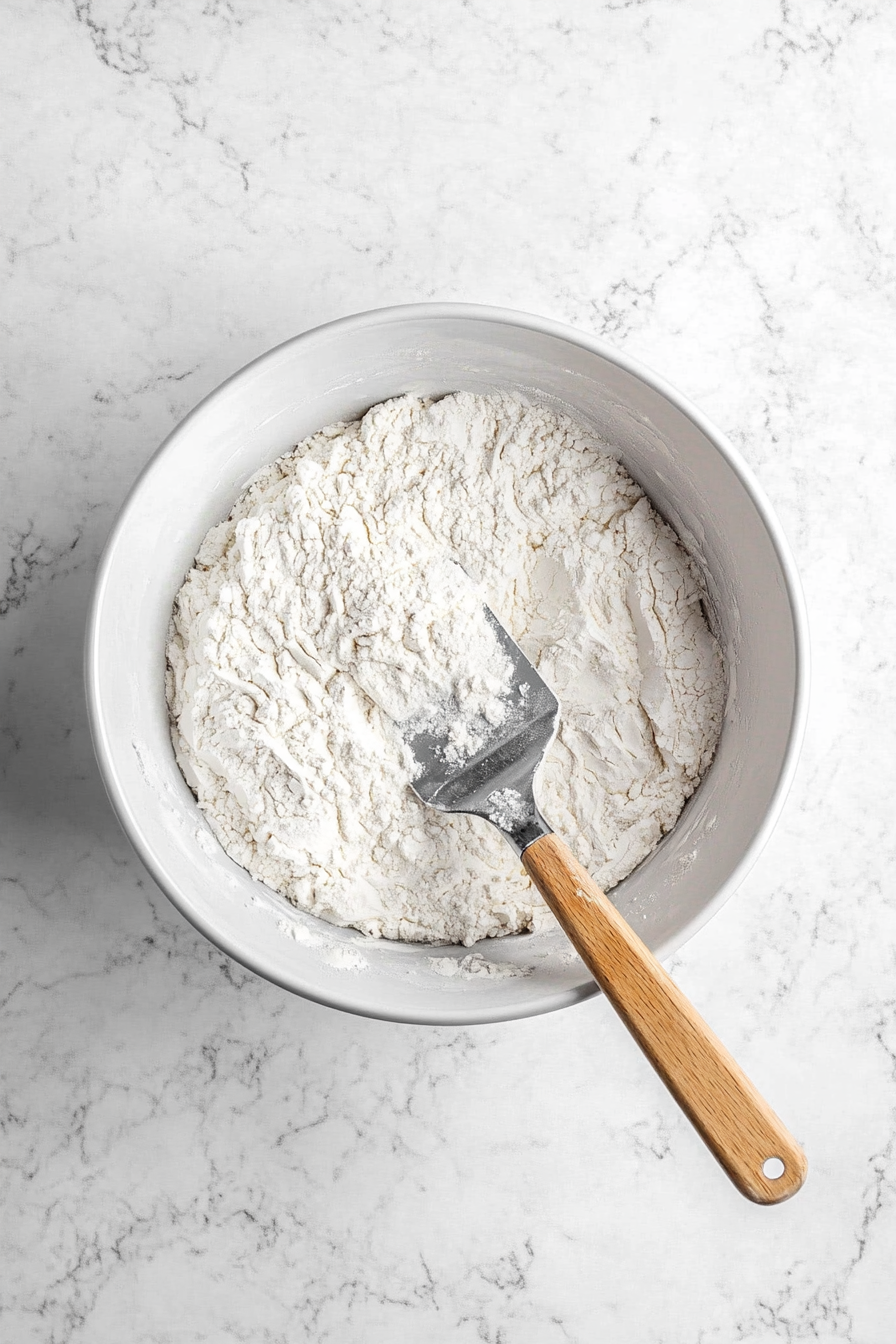 The dry mixture is being gradually added to the wet ingredients in the large glass bowl on the white marble cooktop. A spatula is mid-motion, carefully folding the mixtures together, ensuring a smooth batter without overmixing.