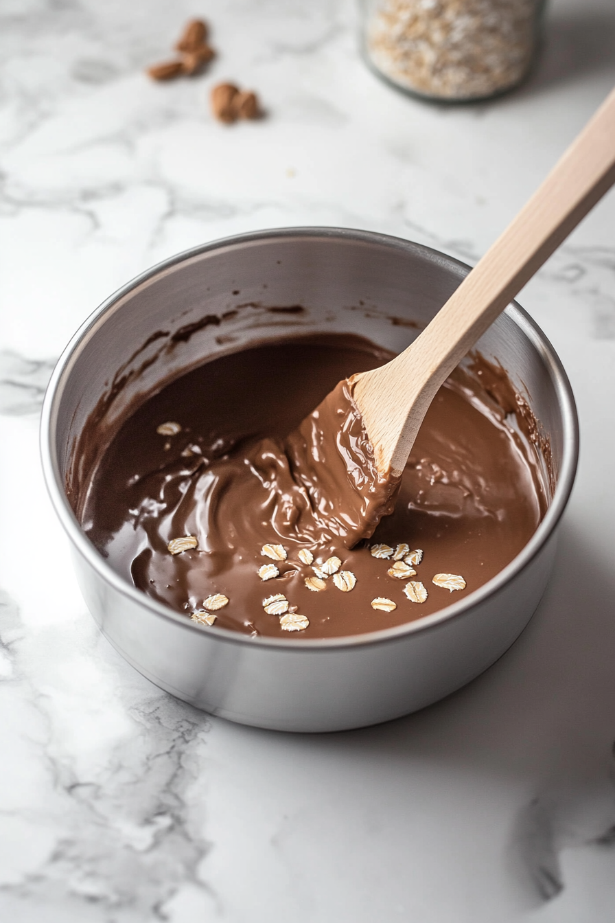 Quick-cooking oats are being stirred into the warm peanut butter mixture in the saucepan on the white marble cooktop. A spatula mixes the ingredients, and the mixture begins to thicken.