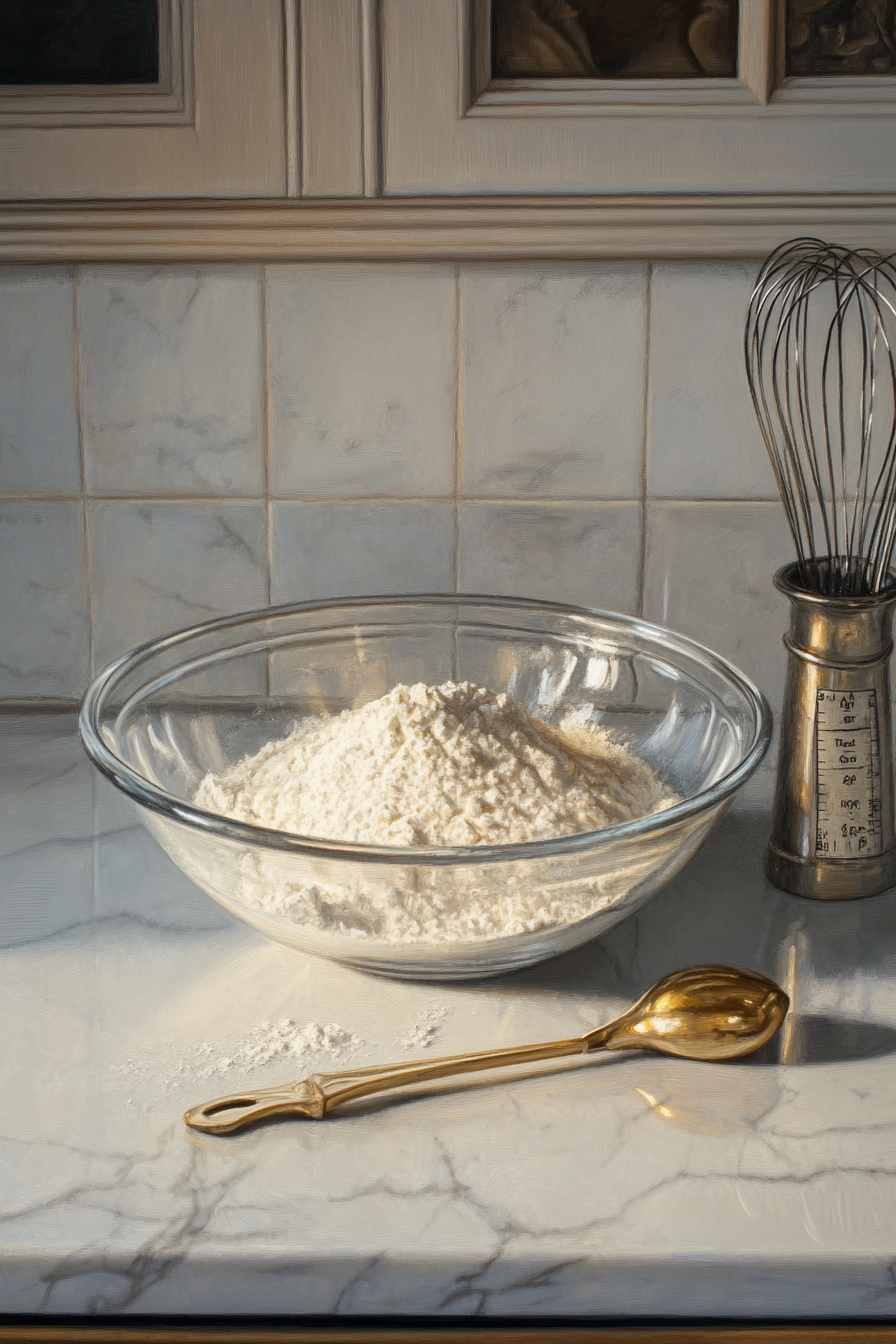 A mixing bowl on the white marble cooktop with flour, cinnamon, salt, baking powder, and baking soda being whisked together with a metal whisk, ensuring all ingredients are evenly combined.