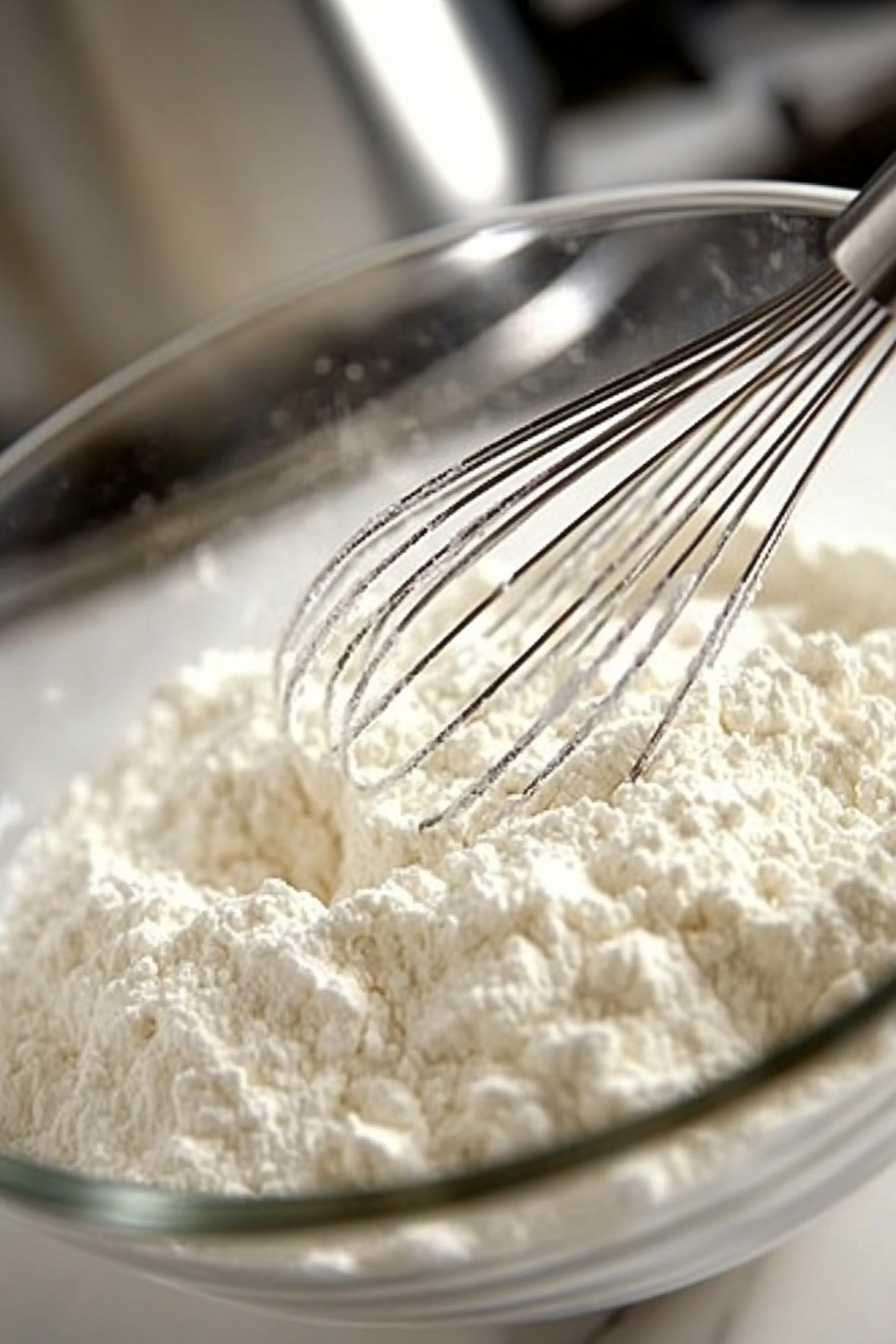 A glass mixing bowl on the white marble cooktop contains flour, baking powder, and salt, which are being whisked together. The fluffy, evenly combined dry ingredients contrast with the stainless steel whisk, which rests on the side.