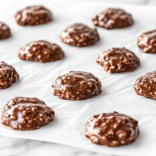 Formed cookies rest on waxed paper placed on the white marble countertop. The cookies appear glossy and are slightly firming, ready to set completely at room temperature.