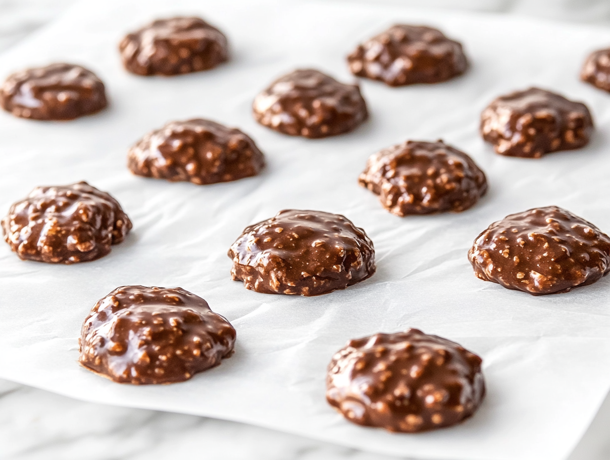 Formed cookies rest on waxed paper placed on the white marble countertop. The cookies appear glossy and are slightly firming, ready to set completely at room temperature.