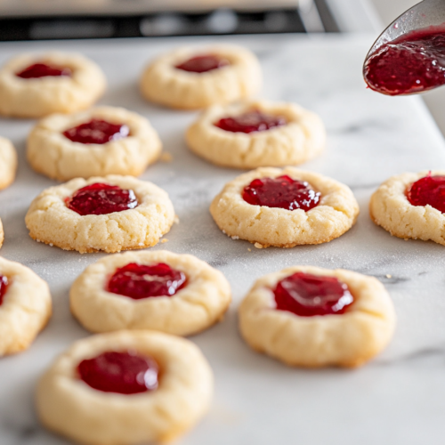The cooled cookies sit on the white marble cooktop as a spoon fills the indentations with glossy strawberry jam. The cookies are complete, their festive red filling adding a bright finishing touch.
