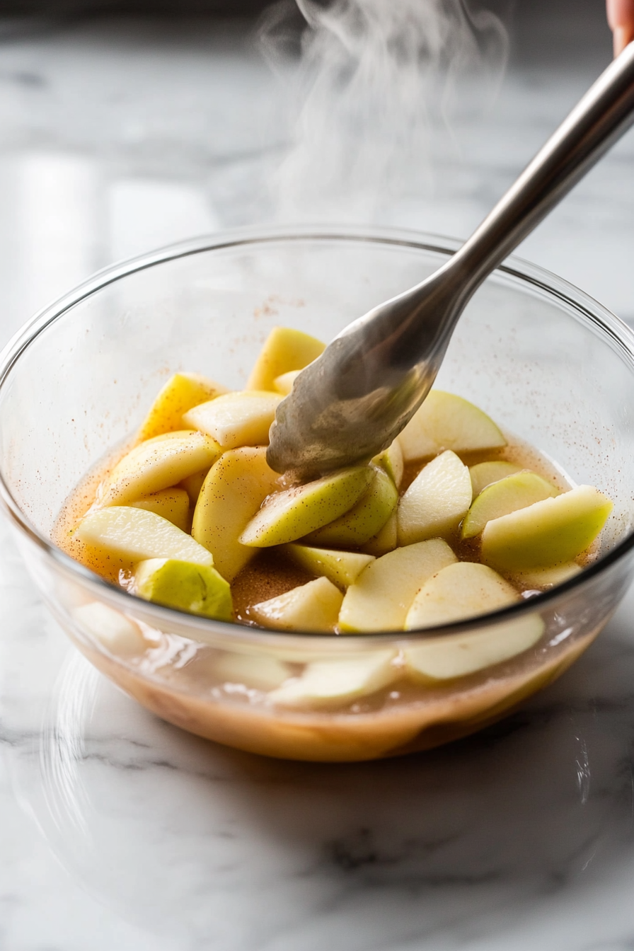 A glass bowl on the white marble cooktop with Granny Smith apples, granulated sugar, cinnamon, cornstarch, and water being combined. The mixture is being stirred, with steam rising as it cooks in the saucepan over medium heat, thickening to a soft apple filling