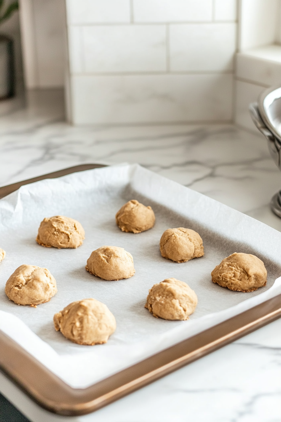 Rounded scoops of cookie dough arranged on a parchment-lined baking tray, evenly spaced, resting on the white marble cooktop.