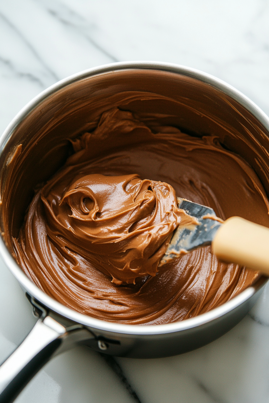 The saucepan has been removed from the heat and rests on the white marble cooktop, as peanut butter and vanilla extract are stirred in. The mixture becomes smooth and glossy, with a spatula blending it to perfection.