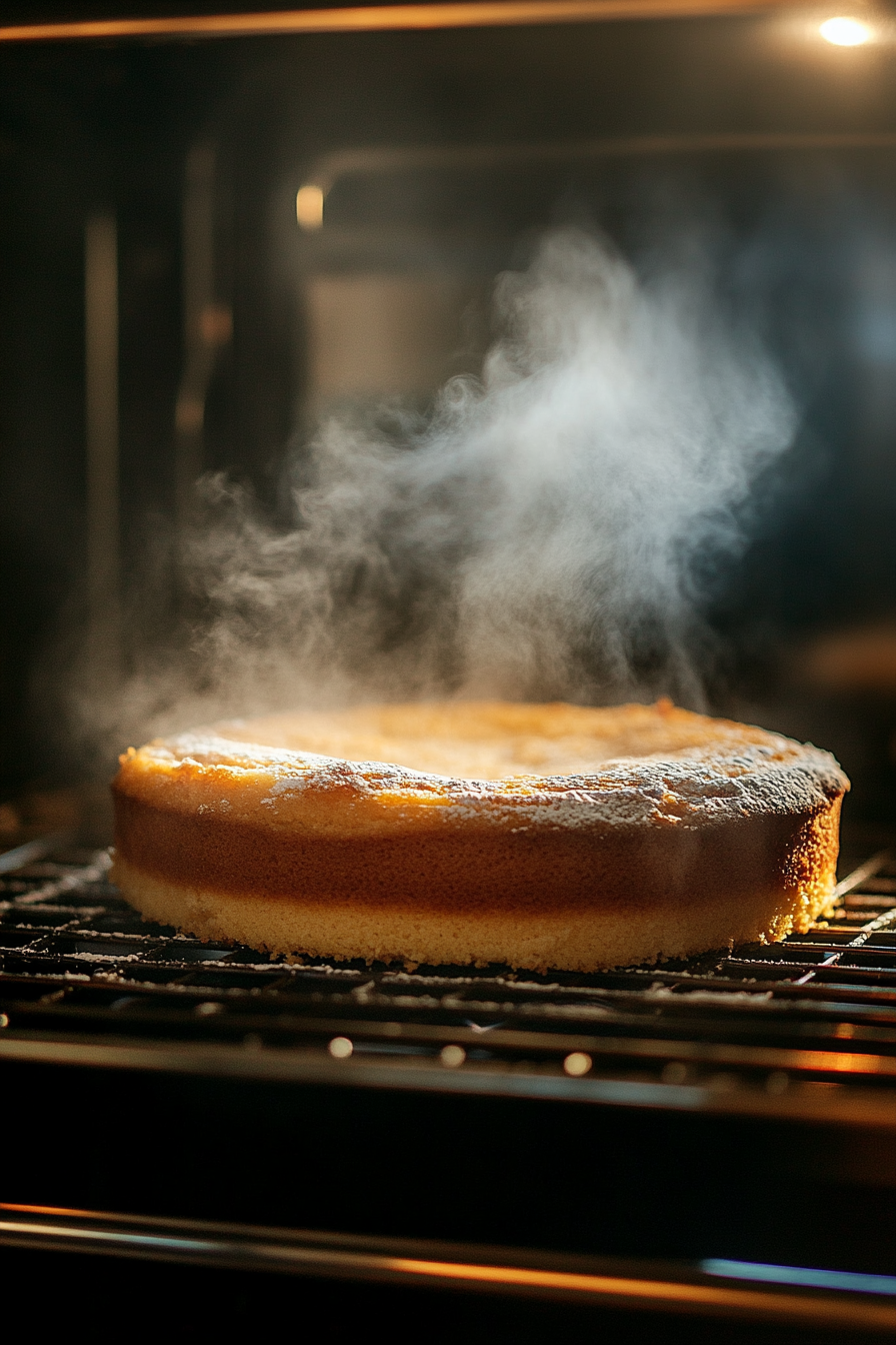 The cake baking in the oven with a timer set for 35–40 minutes. The cake has a golden-brown top, and steam is rising gently as it sets in the oven.