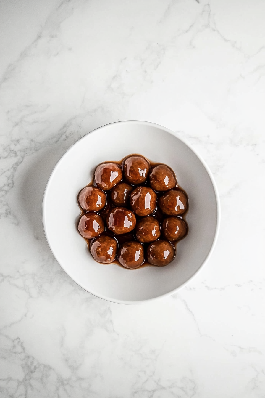 Top-down view of tender meatballs coated in a rich grape jelly and ketchup sauce being served from a black slow cooker onto a white plate using a white spoon. The dish is fully cooked and displayed on a clean white marble surface. The image reflects the final step of the recipe, showcasing the delicious and glossy meatballs ready to enjoy.