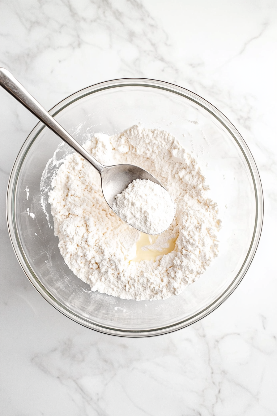This image shows a large transparent glass bowl placed on a white marble surface, where 1½ cups all-purpose flour and 1¾ teaspoons baking powder are being stirred into the creamy butter-sugar mixture using a spatula. A clear cup of ½ cup milk is being poured into the batter. This important step blends dry and wet ingredients to create a smooth, well-balanced batter that will bake evenly and rise beautifully in the oven for a soft loaf.