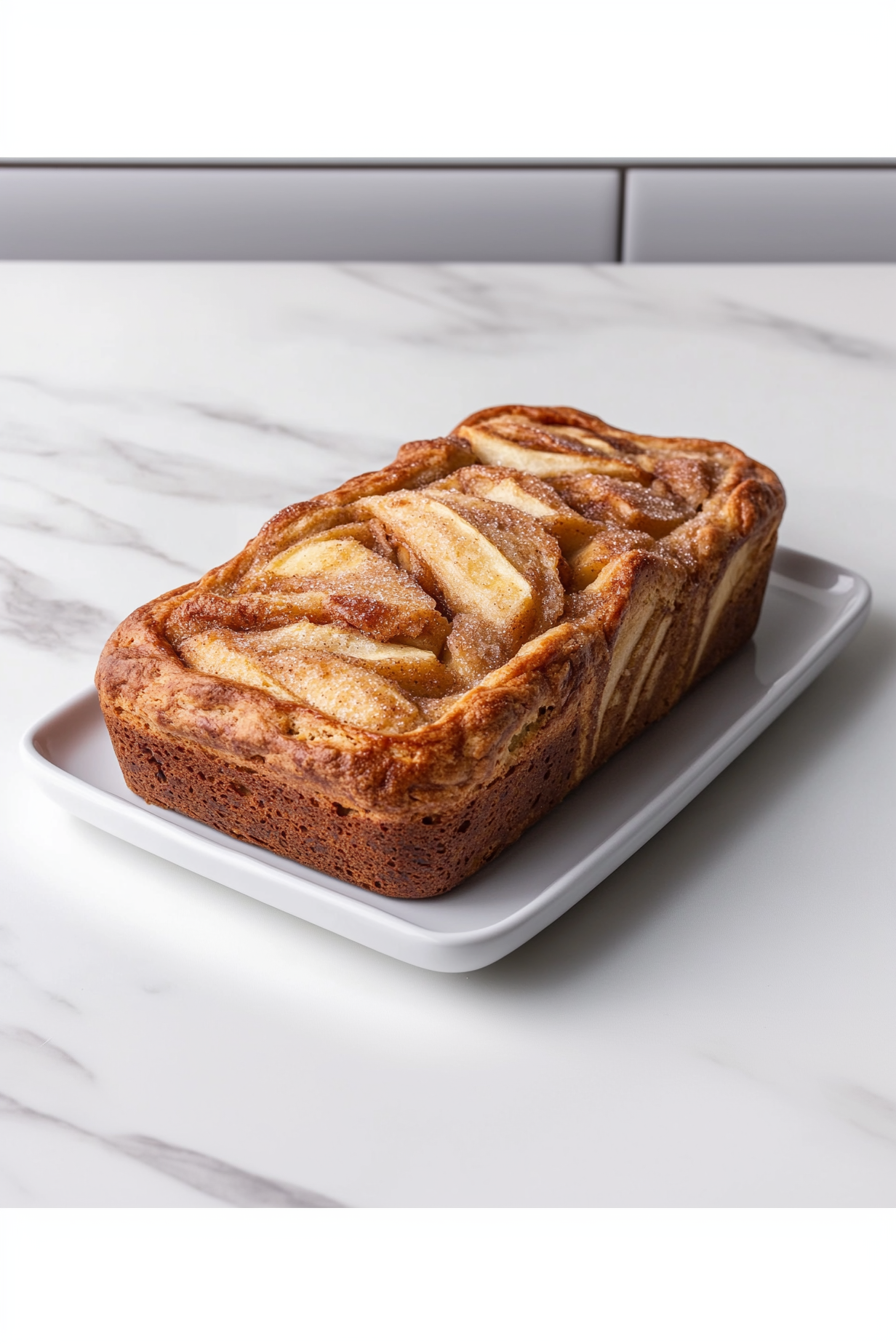 A top-down view of a golden brown apple cinnamon swirl loaf resting on a white ceramic plate placed on a white marble countertop. The loaf has visible chunks of tender apple and swirls of cinnamon sugar throughout the crust, giving it a rustic, homemade feel. The soft texture and rich aroma of baked cinnamon and apples are visually inviting, with a clean and minimalist background that focuses entirely on the loaf’s freshly baked charm.