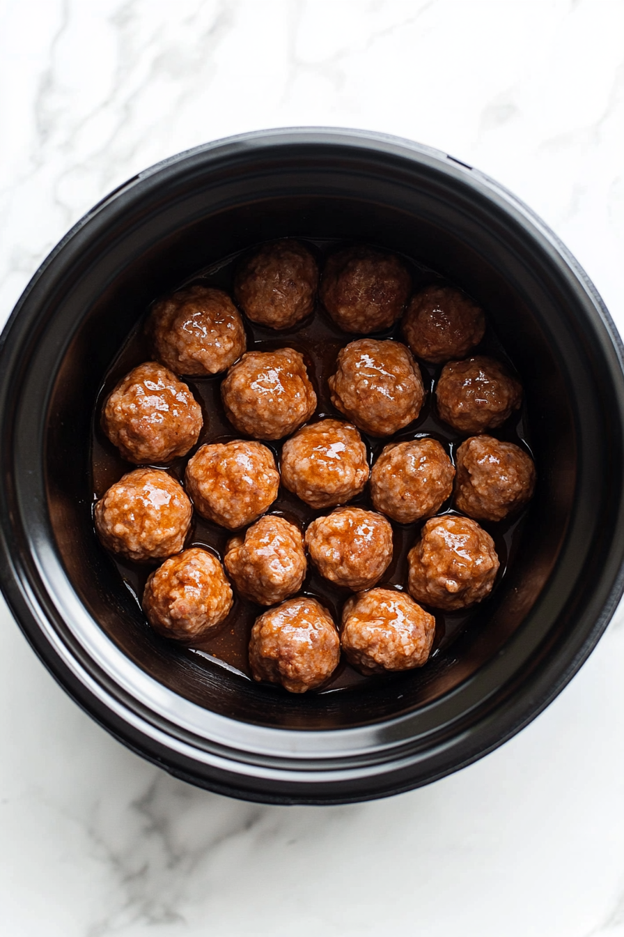 Close-up top-down image showing frozen fully cooked meatballs evenly placed inside a black ceramic slow cooker. The meatballs are round, brown, and uncooked, resting as the base ingredient on a clean white marble surface. This image sets the stage for the dish, emphasizing the juicy texture and importance of this primary protein component in the recipe.