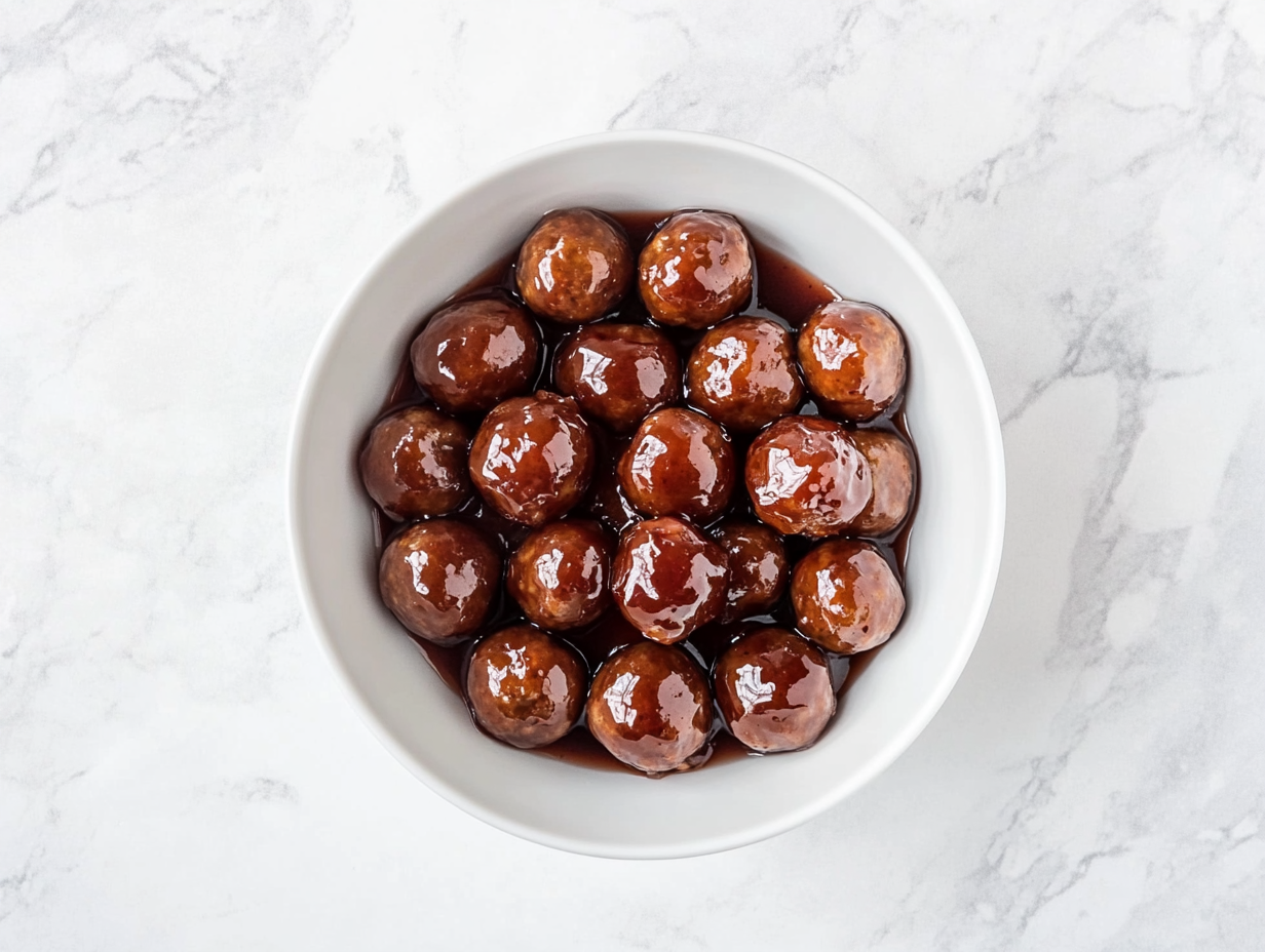 Top-down view of sweet and savory meatballs cooked in a slow cooker using frozen meatballs, ketchup, and grape jelly. The meatballs are served in a white bowl, glistening with thick, tangy red-brown sauce. The image highlights the finished dish on a white marble countertop, showcasing the richness and appeal of this classic party appetizer.