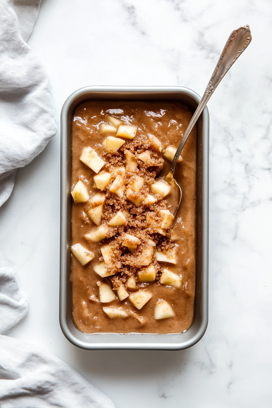 A silver 9x5-inch loaf pan sits on a clean white marble countertop. Inside, half of the prepared batter is evenly spread. A layer of finely chopped apple (from one peeled apple) and half of the brown sugar-cinnamon mix is added on top and lightly patted down using a spoon. This step creates the first flavorful layer of the loaf, adding moisture and a deliciously sweet apple-cinnamon swirl to the middle of the baked treat.
