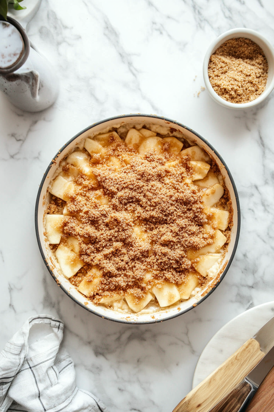 A 9x13-inch pan on the white marble cooktop with half the cake batter spread evenly in the pan. The apple filling is then layered over the batter, followed by two-thirds of the brown sugar mixture.