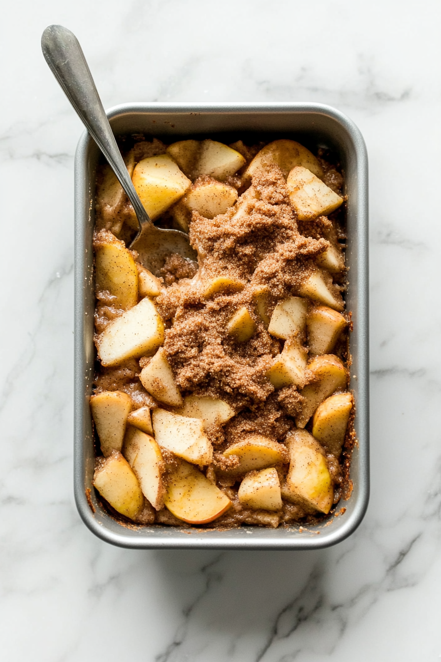 A top-down image of the same silver loaf pan resting on a white marble surface. The remaining half of the batter is poured on top of the apple-cinnamon layer. The rest of the chopped apple and cinnamon-sugar mixture is sprinkled over the top, and a silver spoon is used to gently swirl the surface. This final step before baking creates a beautiful marbled effect and ensures that each bite of the loaf is rich with flavor and texture.
