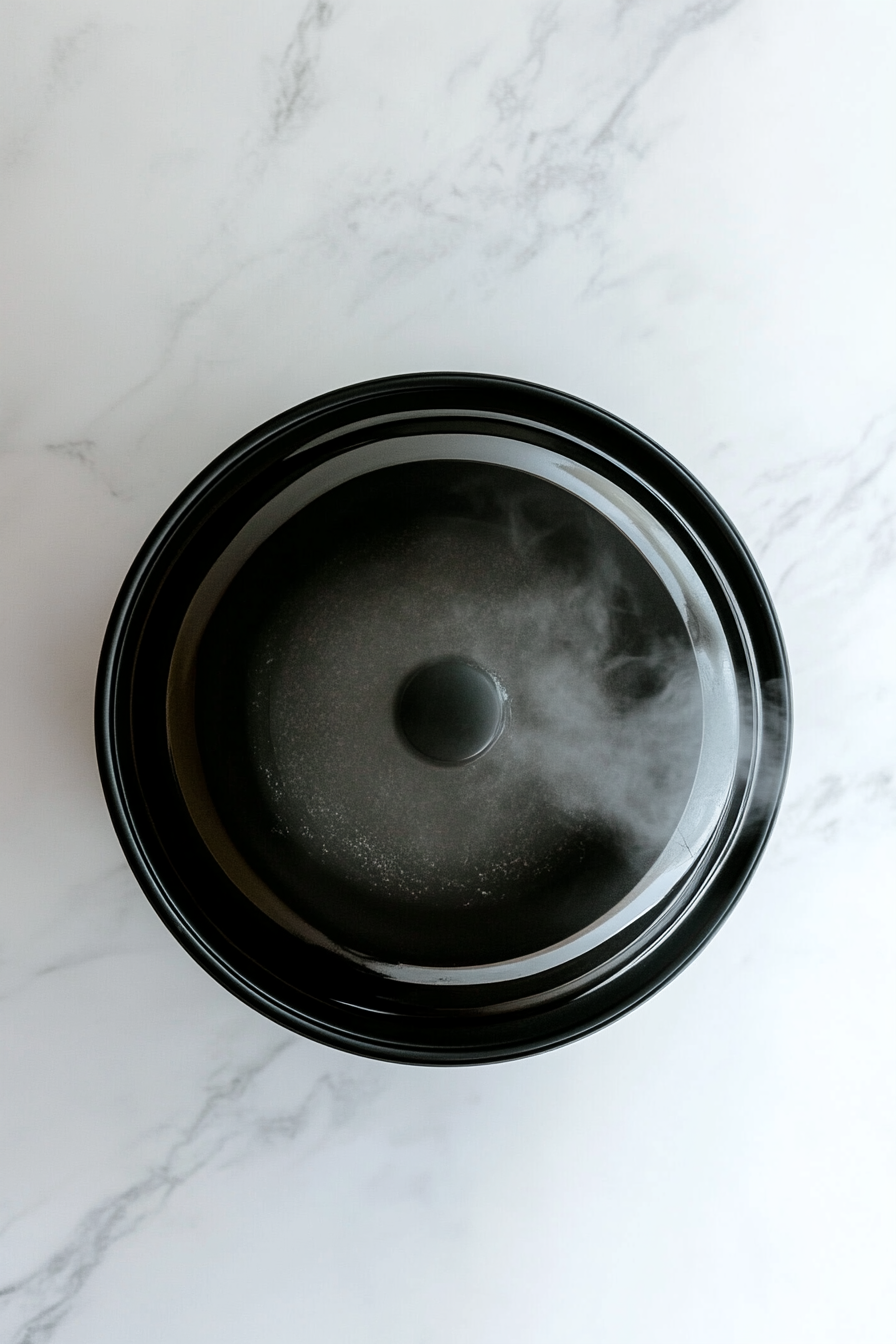 Top-down view of the slow cooker with the lid securely closed, sitting on a white marble countertop. Condensation forms inside the lid, and faint steam indicates the meatballs are cooking on low heat for 3 to 4 hours. This image evokes warmth, coziness, and anticipation of a fully infused and savory meatball dish.