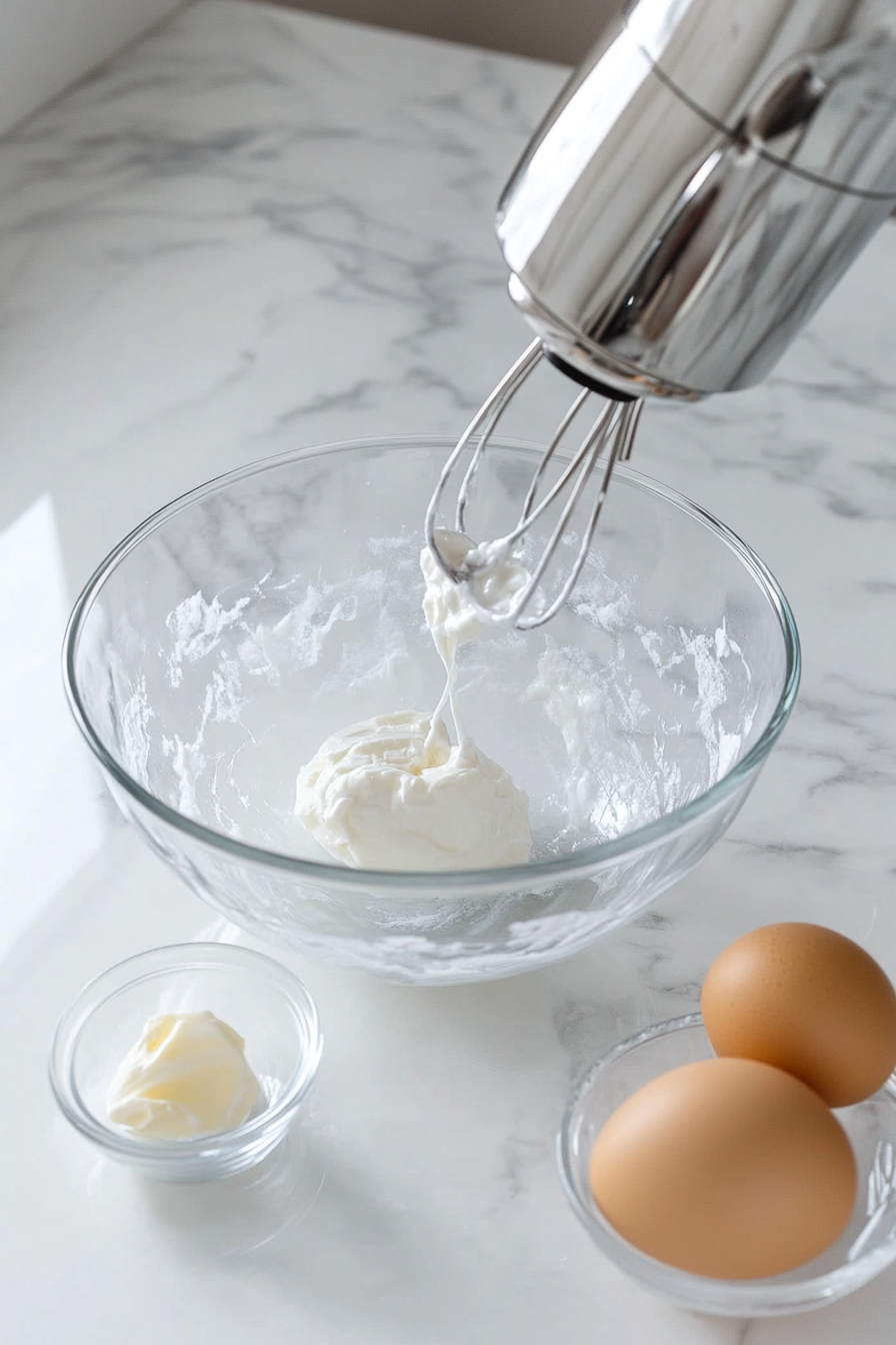 A large glass mixing bowl placed on a white marble countertop contains ⅔ cup white sugar and ½ cup softened butter being beaten together using a silver electric hand mixer. Nearby, two large eggs and a small bowl of vanilla extract are arranged, ready to be added. The mixture appears smooth and creamy, signifying it’s well-whipped. This step builds the base structure of the batter and ensures richness and flavor in the final apple cinnamon loaf.