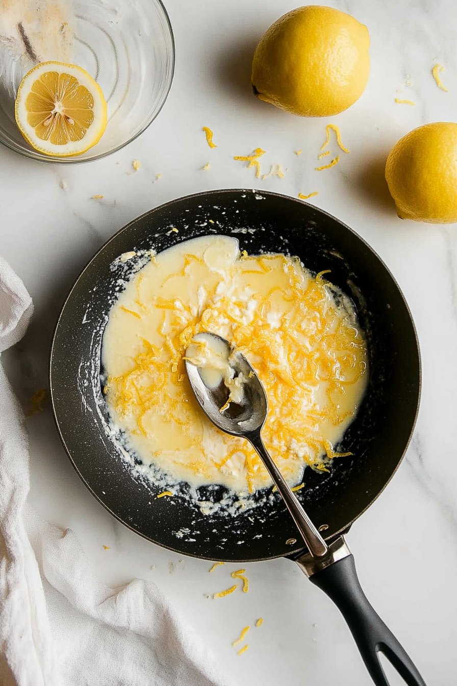 Add lemon juice, lemon zest, and half-and-half to the skillet; stir well