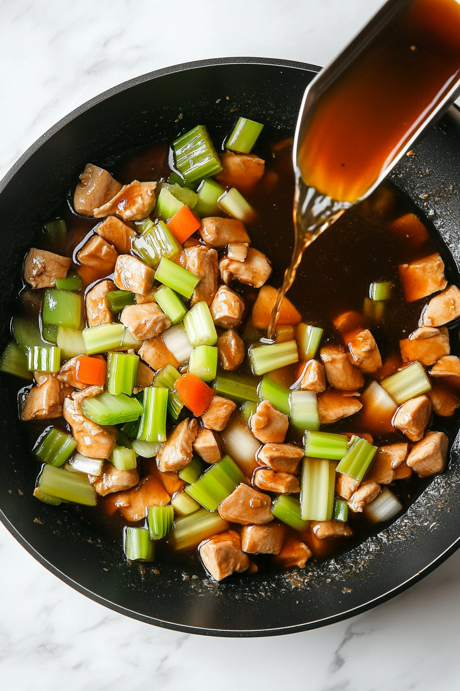 Pour in chicken broth and soy sauce; bring to a simmer.