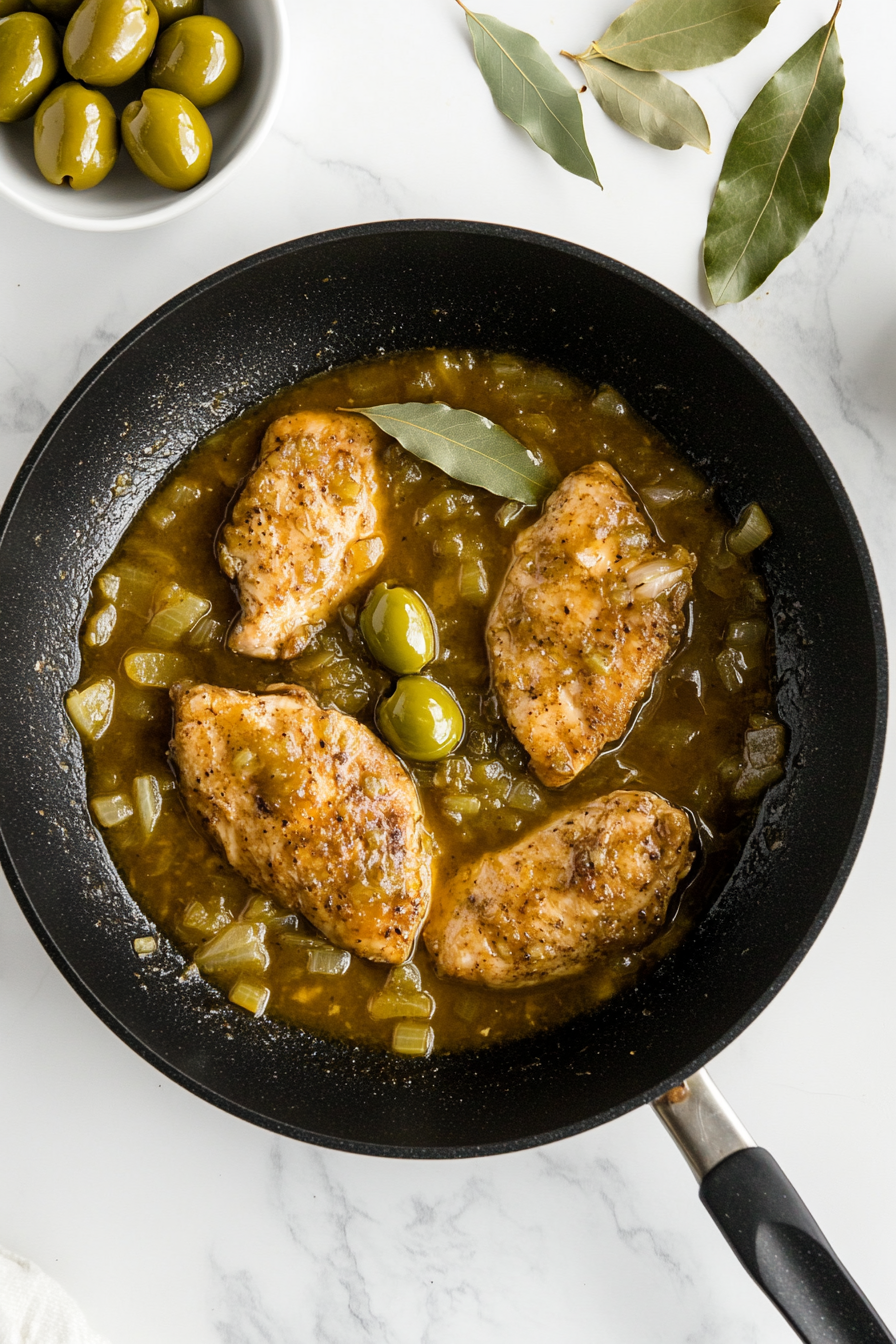 Adding Chicken, Stock, Bay Leaves, Olives