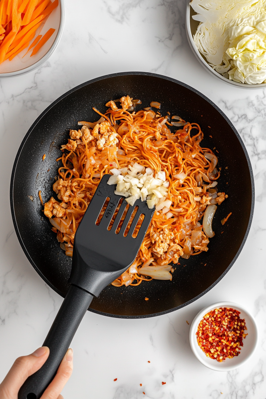 Adding Noodles, Chicken & Tossing Everything Together