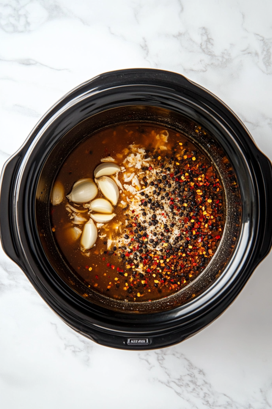Pour into slow cooker and stir in garlic, heavy cream, Italian seasoning, salt, pepper, red pepper flakes, and paprika.