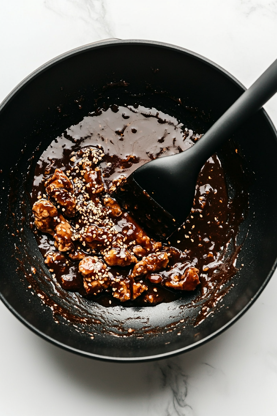 Pour the prepared sauce into the pan and cook, stirring, until it thickens and coats the chicken evenly.