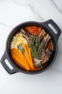 Add crushed tomatoes, stock, thyme, and bay leaves. Return lamb to pot.