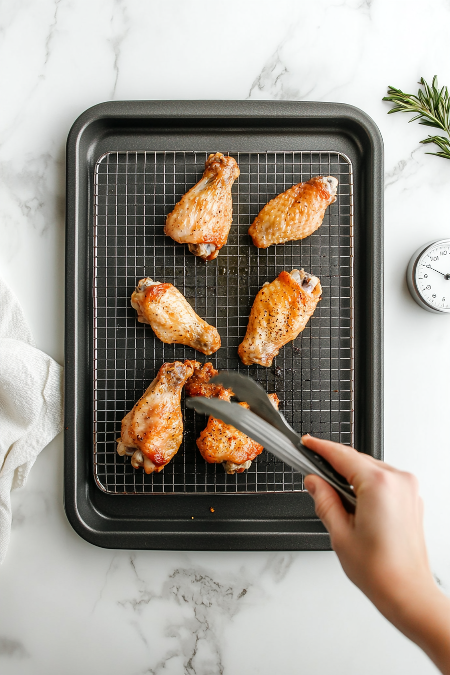 Bake for 25 minutes, flip the wings, then bake another 20–25 minutes until golden and crispy.
