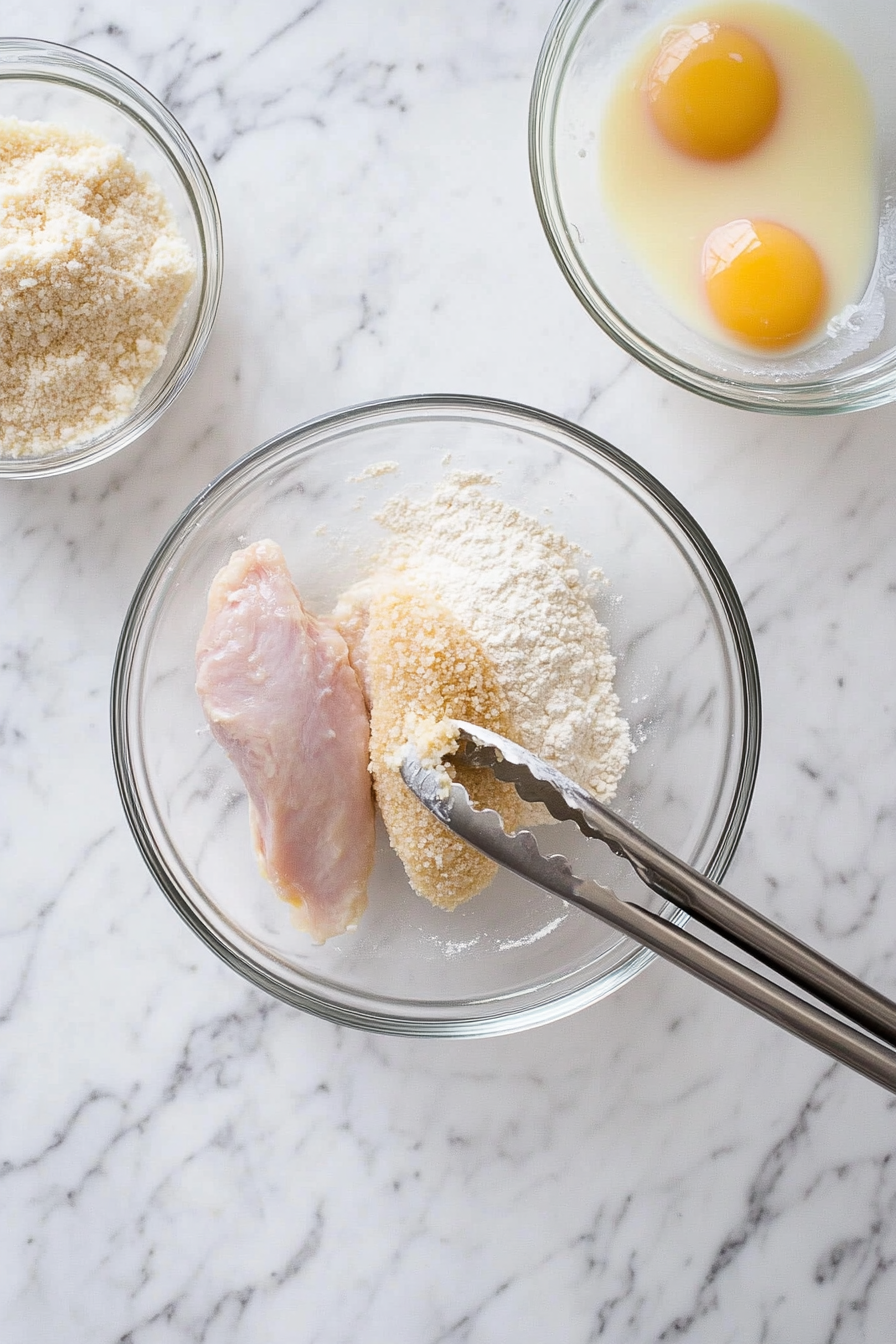 Coat each chicken breast in flour, then dip in eggs, then coat with the panko-Parmesan mixture.