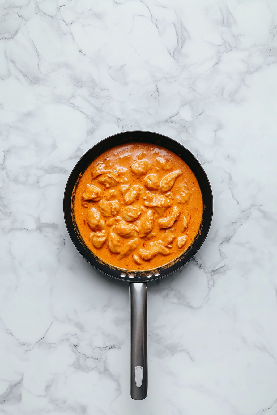 Top-down view of a rich and creamy butter chicken dish served in a large black skillet. The thick tomato and cream-based gravy surrounds tender chicken chunks, making the dish look warm, comforting, and flavorful. The white marble countertop and simple background highlight the orange-colored curry, creating an inviting presentation of this classic Indian dish.