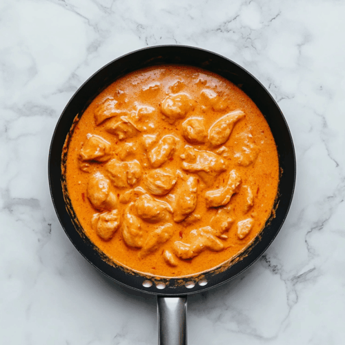 Top-down view of a rich and creamy butter chicken dish served in a large black skillet. The thick tomato and cream-based gravy surrounds tender chicken chunks, making the dish look warm, comforting, and flavorful. The white marble countertop and simple background highlight the orange-colored curry, creating an inviting presentation of this classic Indian dish.