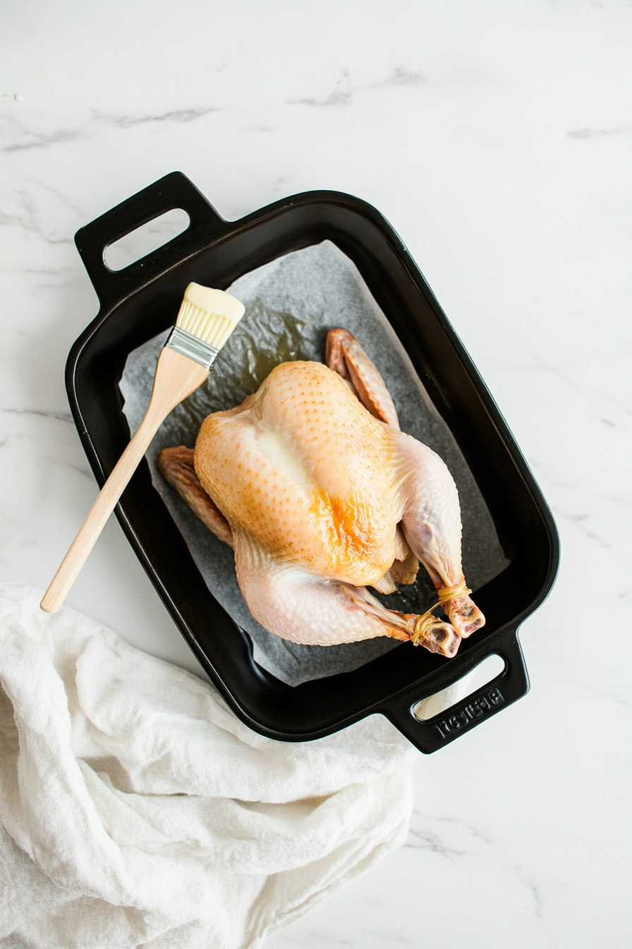 Spread softened butter evenly over the entire surface of the chicken.