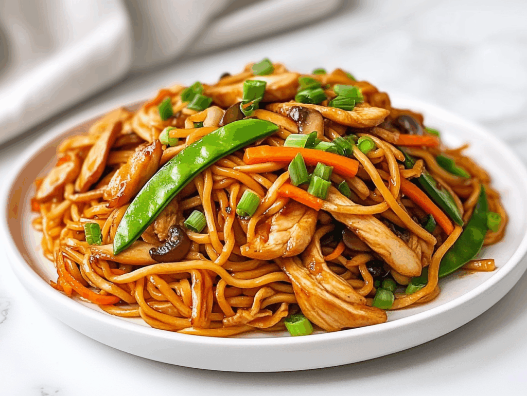 side view of a beautifully plated dish of stir-fried chicken with Hong Kong-style noodles, garnished with vibrant snap peas, carrots, mushrooms, mung bean sprouts, and scallions. The noodles are golden and slightly crispy, glistening with soy sauce and sesame oil. The clean and simple presentation over a white marble countertop adds elegance to the vibrant and fresh-looking meal, ready to be served with cucumber salad or grapefruit crush.