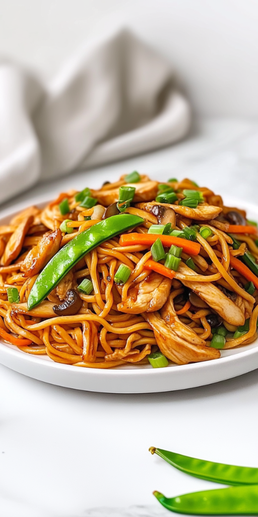 side view of a beautifully plated dish of stir-fried chicken with Hong Kong-style noodles, garnished with vibrant snap peas, carrots, mushrooms, mung bean sprouts, and scallions. The noodles are golden and slightly crispy, glistening with soy sauce and sesame oil. The clean and simple presentation over a white marble countertop adds elegance to the vibrant and fresh-looking meal, ready to be served with cucumber salad or grapefruit crush.
