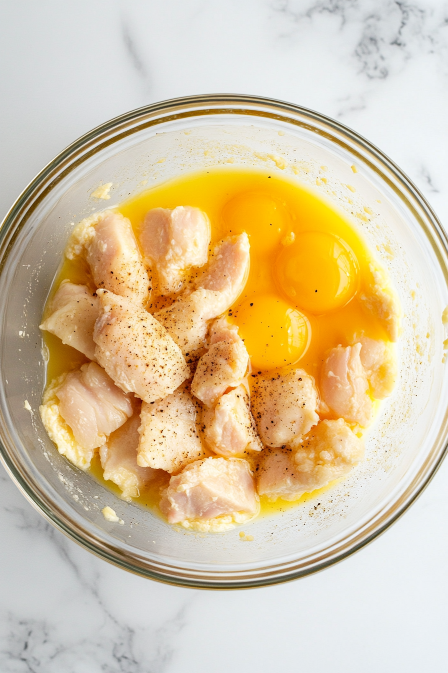 In another bowl, beat the egg and mix with cornstarch, salt, and pepper. Coat chicken thighs pieces in this mixture.