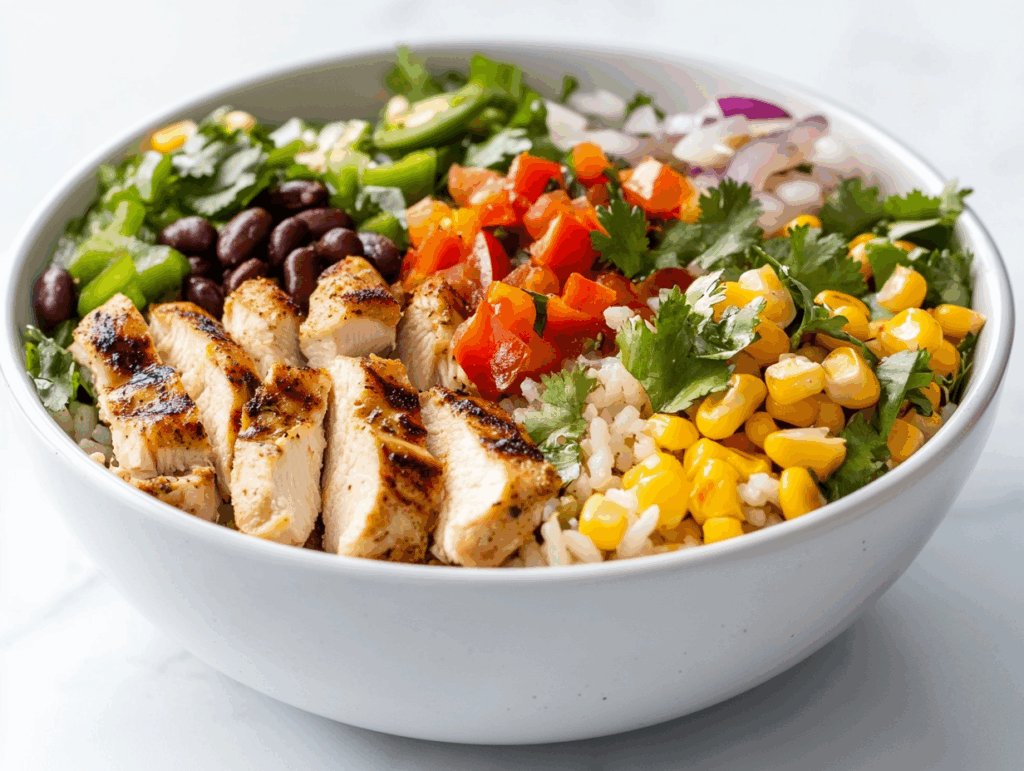 side view of a vibrant and colorful chicken bowl arranged on a white marble countertop. The bowl contains a bed of fluffy cilantro lime rice topped with perfectly grilled chicken thighs, sautéed green and red peppers, black beans, roasted corn, and a creamy sauce drizzle. The ingredients are arranged neatly, creating a flavorful, balanced meal that is visually appealing and fresh.