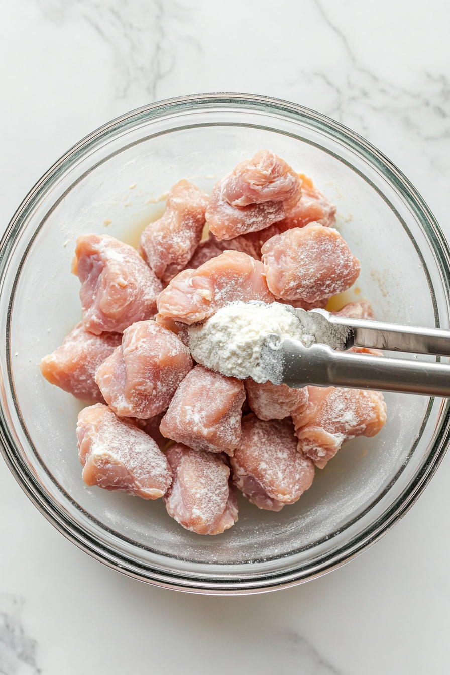 In a large bowl, coat chicken pieces evenly with cornstarch.