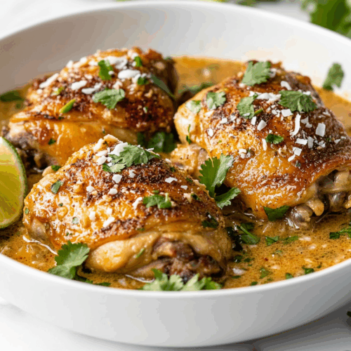 A delicious bowl of creamy coconut lime chicken thighs is served with a vibrant garnish of chopped fresh cilantro, lime wedges, and a sprinkle of toasted coconut flakes. The chicken is golden and perfectly seared, swimming in a thick, fragrant sauce made with coconut milk, lime juice, and savory spices. A comforting and flavorful dish.