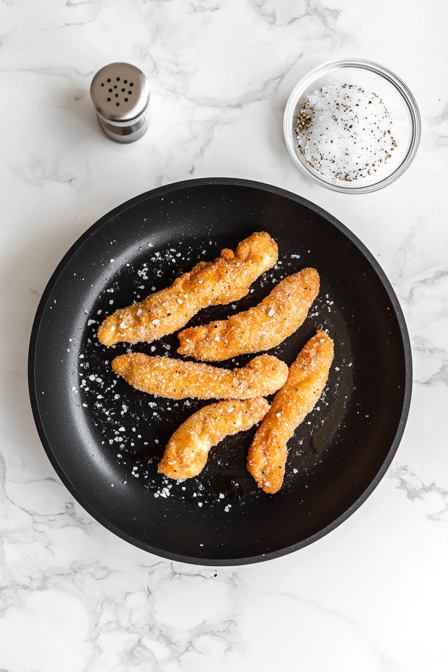 Season chicken tenders with salt and pepper, then cook in the same skillet until golden and cooked through; slice and set aside.