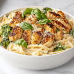 Top-down view of a comforting bowl of creamy Alfredo chicken pasta served in a white ceramic bowl on a white marble countertop. The dish features golden chicken chunks, creamy Alfredo-coated spaghetti, optional broccoli, and a generous sprinkle of shredded Parmesan cheese and fresh basil, creating a rich and visually inviting final presentation.