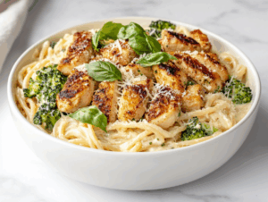 Top-down view of a comforting bowl of creamy Alfredo chicken pasta served in a white ceramic bowl on a white marble countertop. The dish features golden chicken chunks, creamy Alfredo-coated spaghetti, optional broccoli, and a generous sprinkle of shredded Parmesan cheese and fresh basil, creating a rich and visually inviting final presentation.