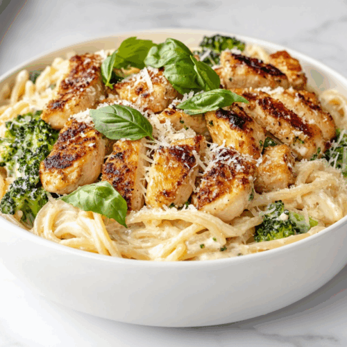 Top-down view of a comforting bowl of creamy Alfredo chicken pasta served in a white ceramic bowl on a white marble countertop. The dish features golden chicken chunks, creamy Alfredo-coated spaghetti, optional broccoli, and a generous sprinkle of shredded Parmesan cheese and fresh basil, creating a rich and visually inviting final presentation.