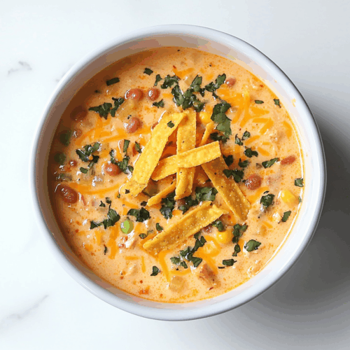 A comforting bowl of creamy chicken taco soup served in a white ceramic bowl placed on a clean white marble countertop. The soup is topped with golden corn tortilla strips, melted cheddar cheese, and visible chunks of chicken, corn, beans, and tomatoes. The overall look is hearty, vibrant, and full of rich Mexican-inspired flavors, making it an inviting dish for any mealtime.