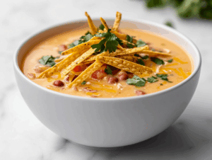 A comforting bowl of creamy chicken taco soup served in a white ceramic bowl placed on a clean white marble countertop. The soup is topped with golden corn tortilla strips, melted cheddar cheese, and visible chunks of chicken, corn, beans, and tomatoes. The overall look is hearty, vibrant, and full of rich Mexican-inspired flavors, making it an inviting dish for any mealtime.