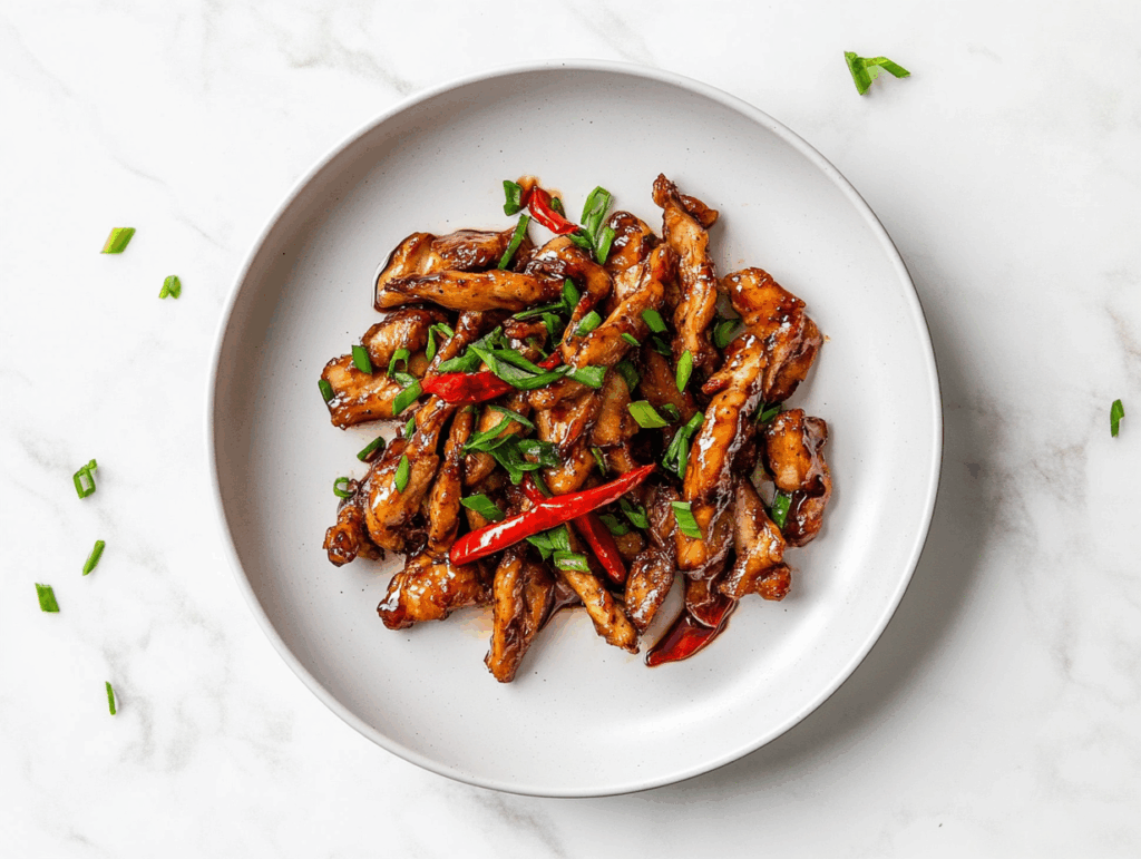 A delicious plate of crispy chilli chicken coated in a glossy, sticky sauce made from soy sauce, honey, and sriracha. The chicken is garnished with fresh chopped spring onions and served on a white ceramic plate placed on a clean white marble countertop, capturing the rich texture and mouthwatering appeal of this Indo-Chinese dish.