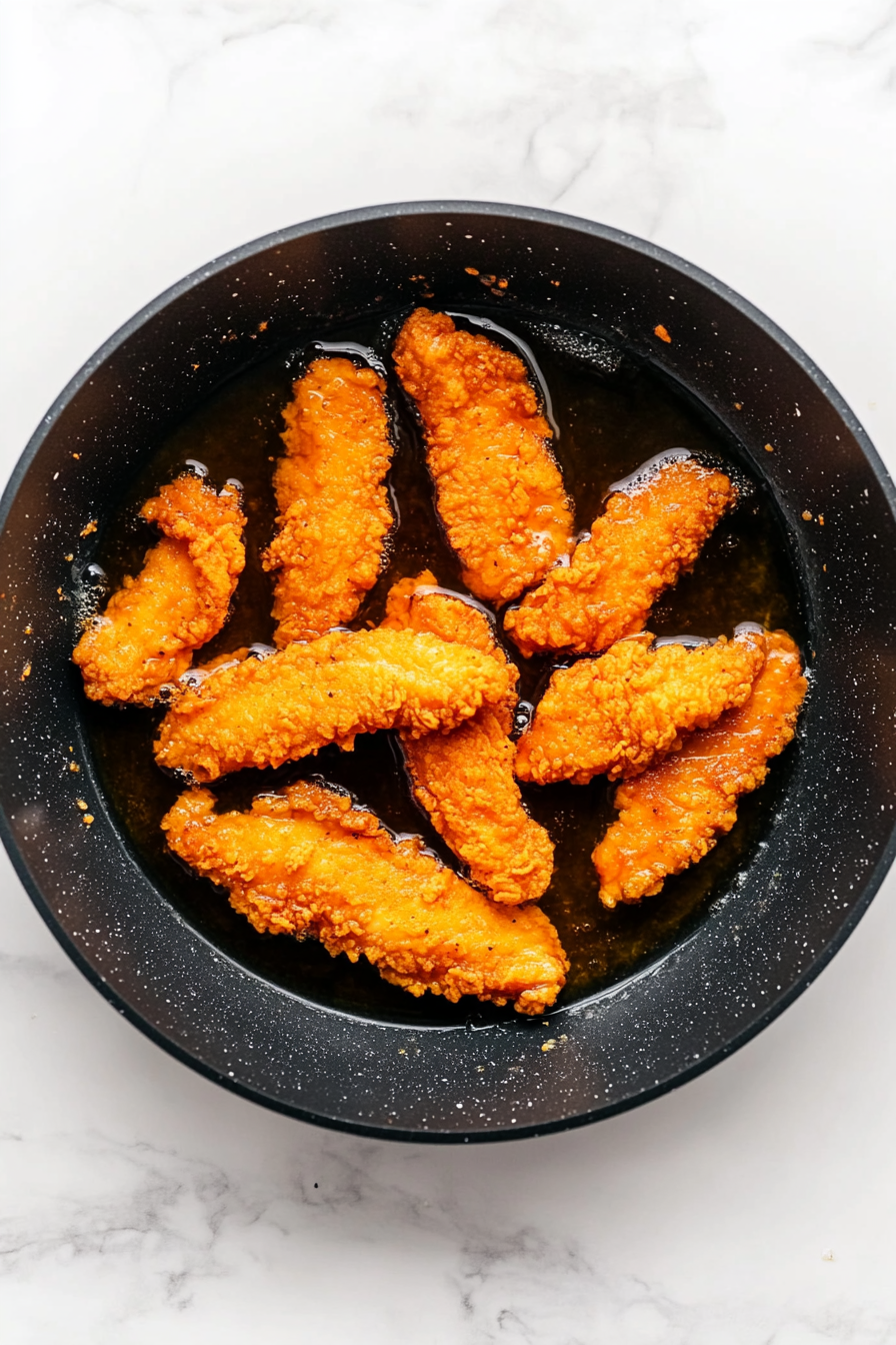 Fry chicken strips until golden and crispy, about 3–4 minutes per side.
